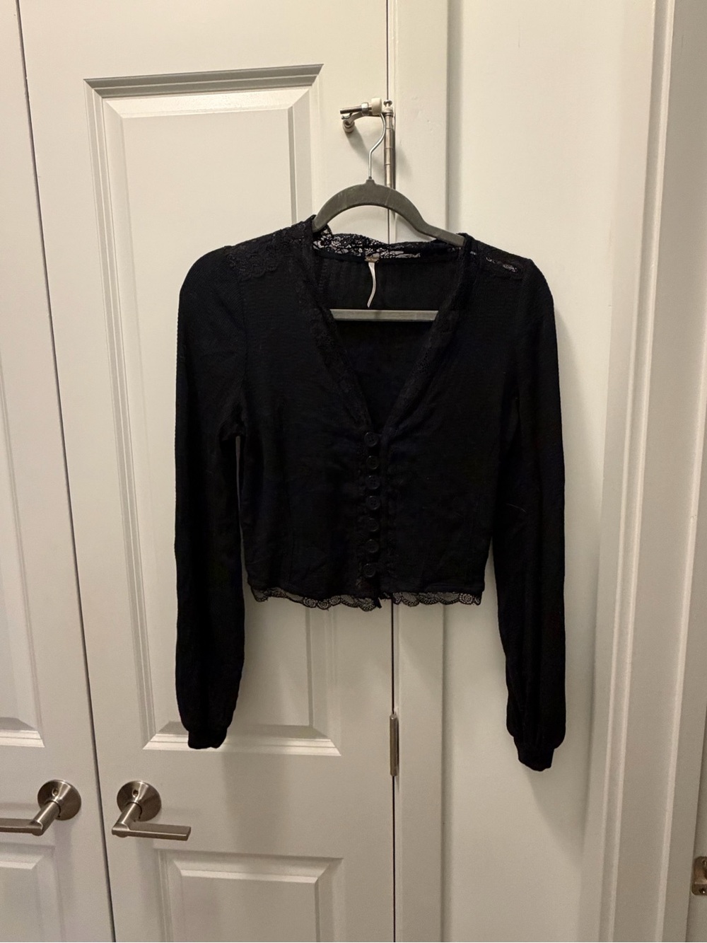 Free People Black Lace-Trim Button Front Top